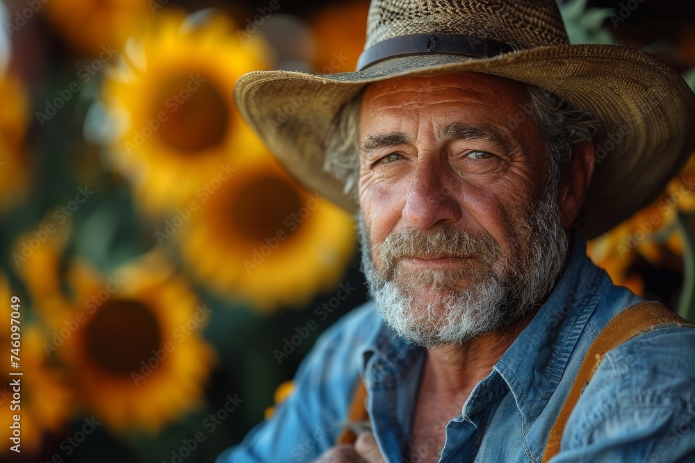 A senior man in a straw hat poses with a backdrop of vibrant sunflowers