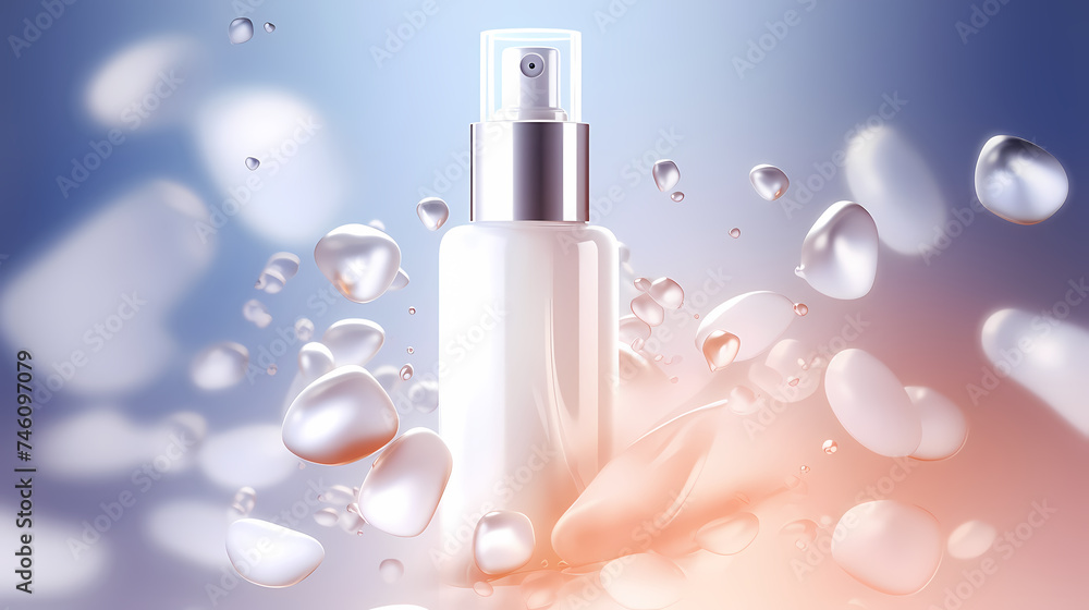 Bottle of moisturizer, hydrating face cream or skin care lotion with slashes and waves on light pastel background Bottle of moisturizer, hydrating face cream or skin care lotion with slashes and waves on light pastel background