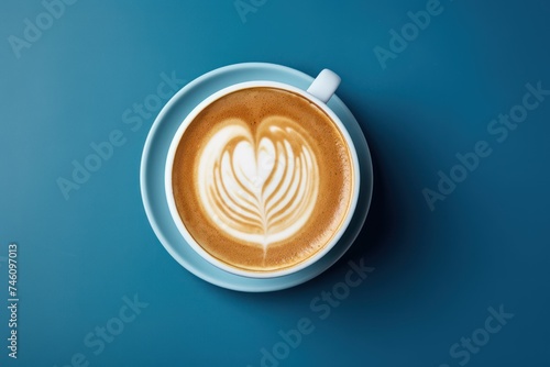 Top view of Latte art and coffee bean on solid blue background