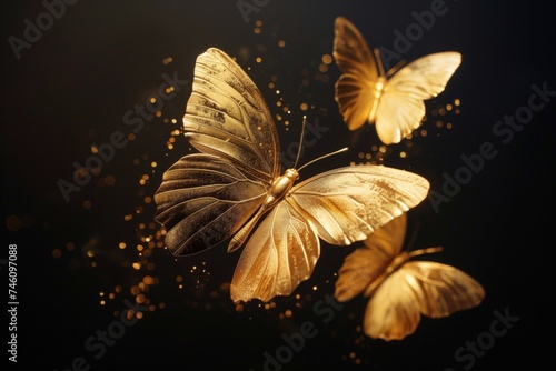 Golden Butterflies flying over black background.