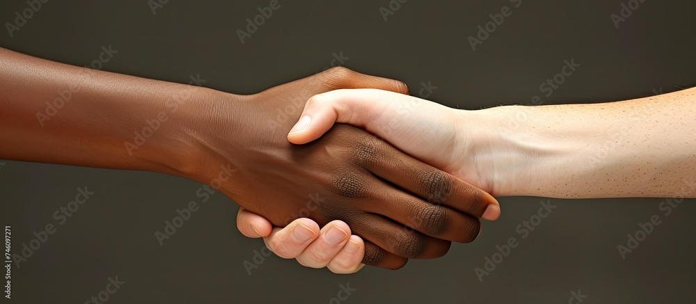 Two individuals are engaging in a traditional handshake gesture over a solid black background. The handshake symbolizes agreement, partnership, and mutual respect following successful negotiations.