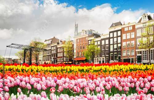 Boats and old Houses with old bidge over canal water with tulips, Amsterdam, Netherlands,