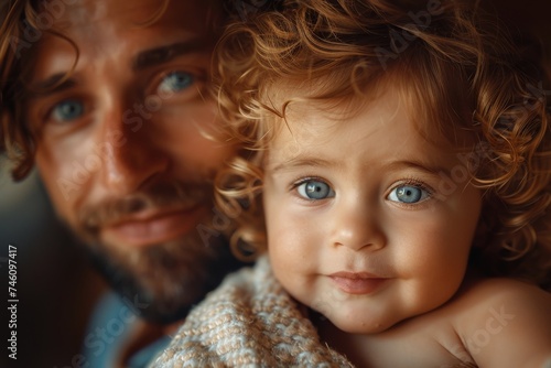 Intimate portrait of a father embracing his curly-haired young child with deep blue eyes