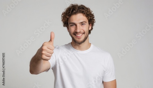 Curly haired man in white t-shirt showing thumbs up. Friendly and engaging smile.