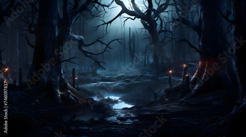 forest in realistic haunted forest creepy landscape at night,
Realistic halloween background with creepy landscape of night sky fantasy forest in moonlight photo