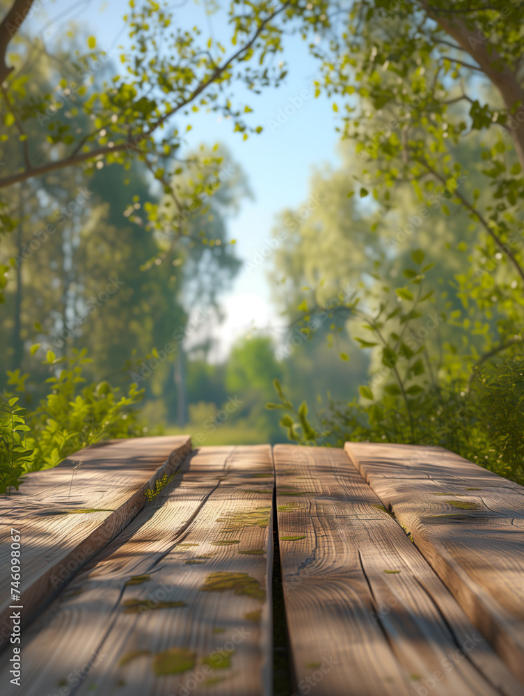 Sunlit wooden boardwalk leading through vibrant green forest.