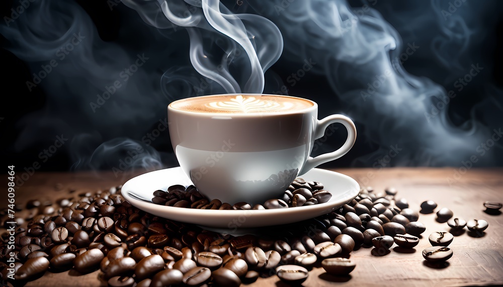 Generative AI. A cup of coffee on a table. The cup is white and has a saucer. There are coffee beans on the table. The background is a dark brown. There is a fire flame on the background. Generative AI. A cup of coffee on a table. The cup is white and has a saucer. There are coffee beans on the table. The background is a dark brown. There is a fire flame on the background.