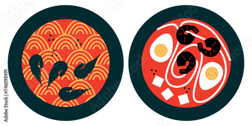 Thai food. Vector illustration. Appetizing Japanese ramen noodle soup with ingredients. Food menu design template. Thai food menu. Perfect for restaurant menu, cards or posters.