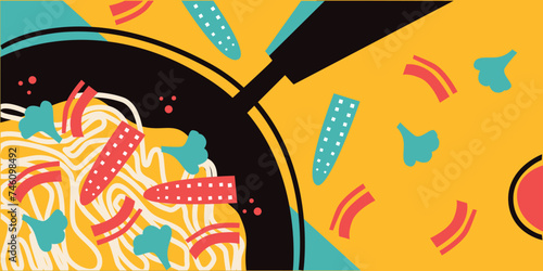 Thai food. Vector illustration. Appetizing Japanese ramen noodle soup with ingredients. Food menu design template. Thai food menu. Perfect for restaurant menu, cards or posters.