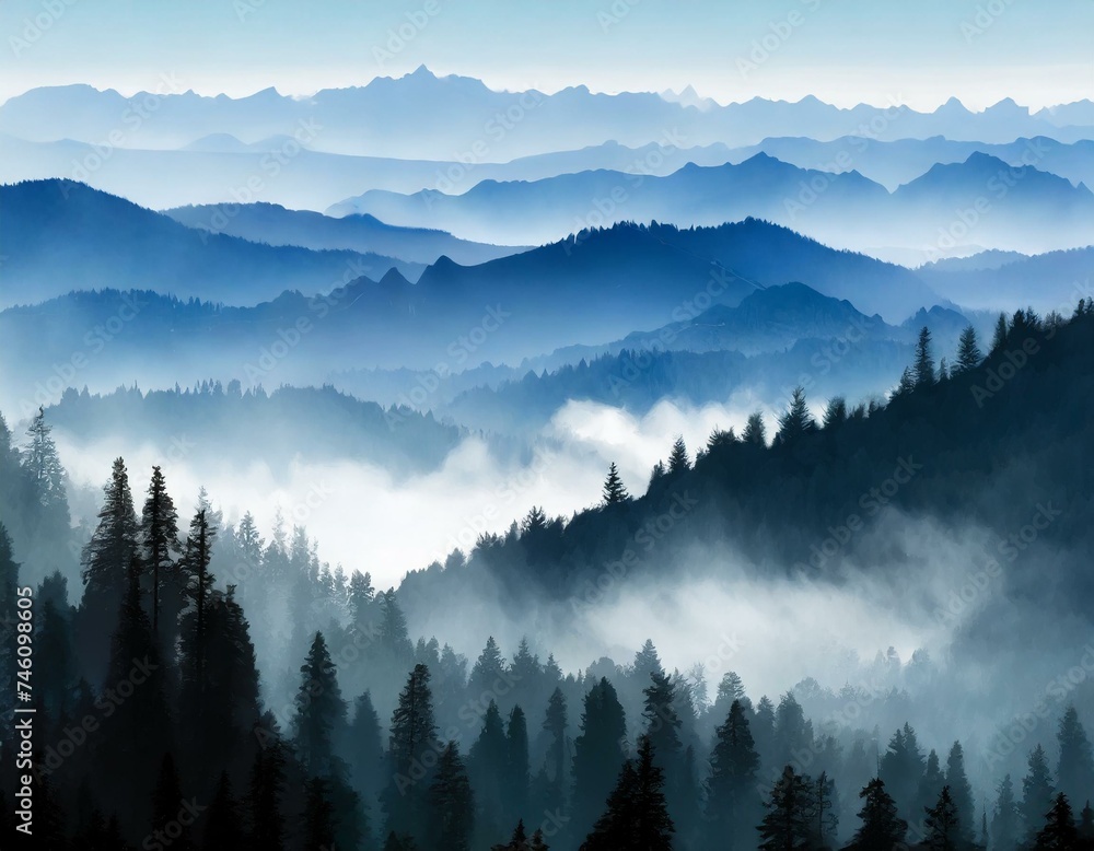 Misty mountain and forest landscape nature background with fog