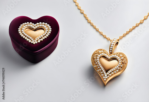 Dark fuchsia heart box of golden heart necklace inlaid with diamonds on white background