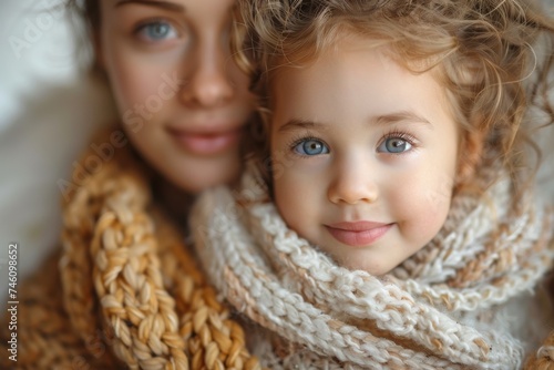 A tender moment captured between a mother and child in cozy knits