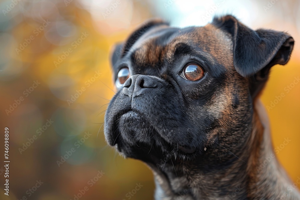 An adorable pug dog gives off a reflective gaze, with a bokeh of autumn leaves in the soft-focus background An adorable pug dog gives off a reflective gaze, with a bokeh of autumn leaves in the soft-focus background
