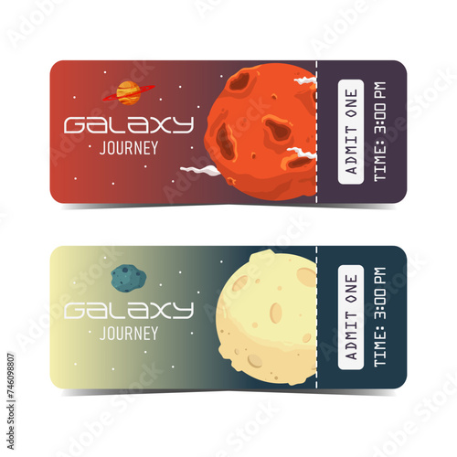Set of tickets templates with gradient space background and planets in cartoon style. Hand drawn planets and celestial bodies. Admission for planetarium, exhibition and show