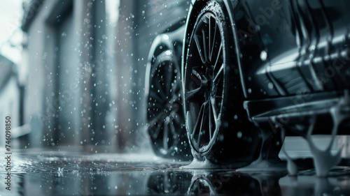 Sleek car under a dynamic spray of water on a wet urban road. © VK Studio