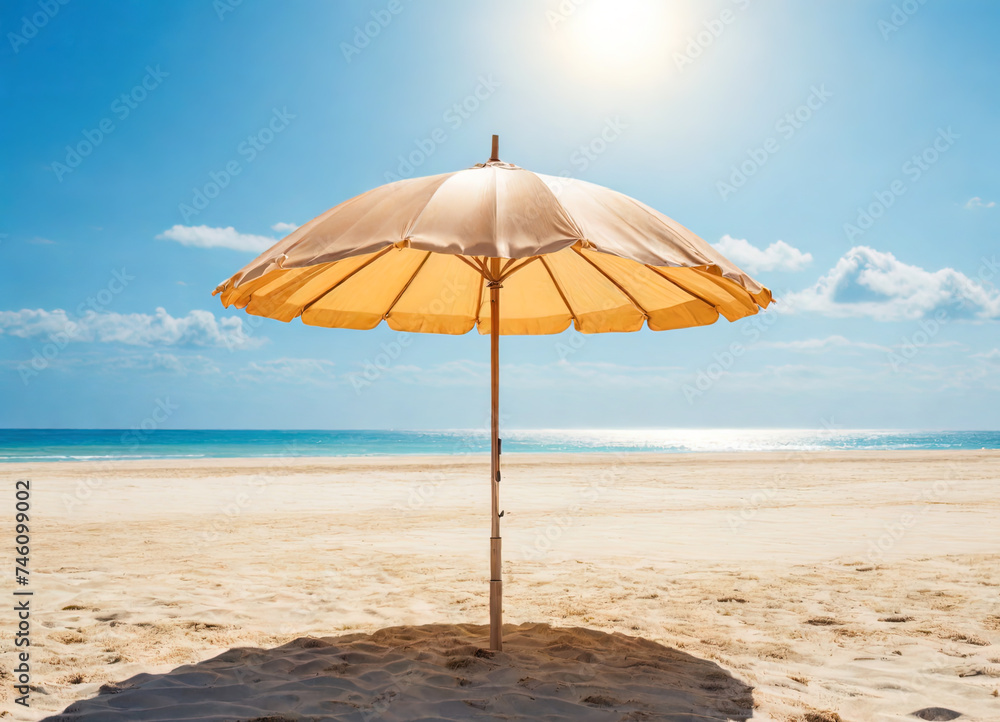 Parasol on sandy beach in tropical tourist resort