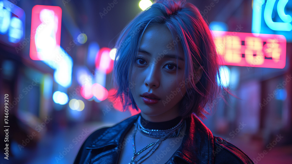 Neon Nightscape: Stylish Urban Portrait of a Young Woman in a Neon-Lit Alley