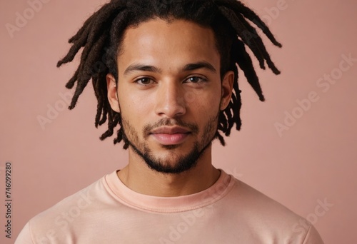 A serene man with stylish dreadlocks wears a pink sweatshirt, presenting a modern look against a peach background.