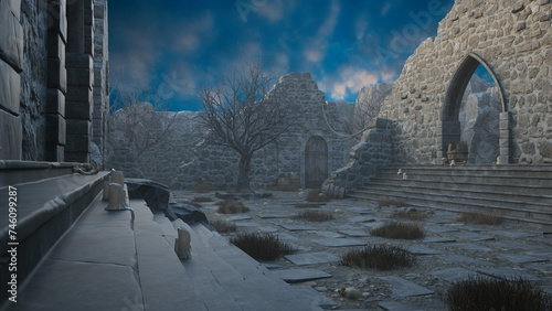 3D render of an empty courtyard in a medieval abbey ruin with gothic archway and human bones lying on the ground.