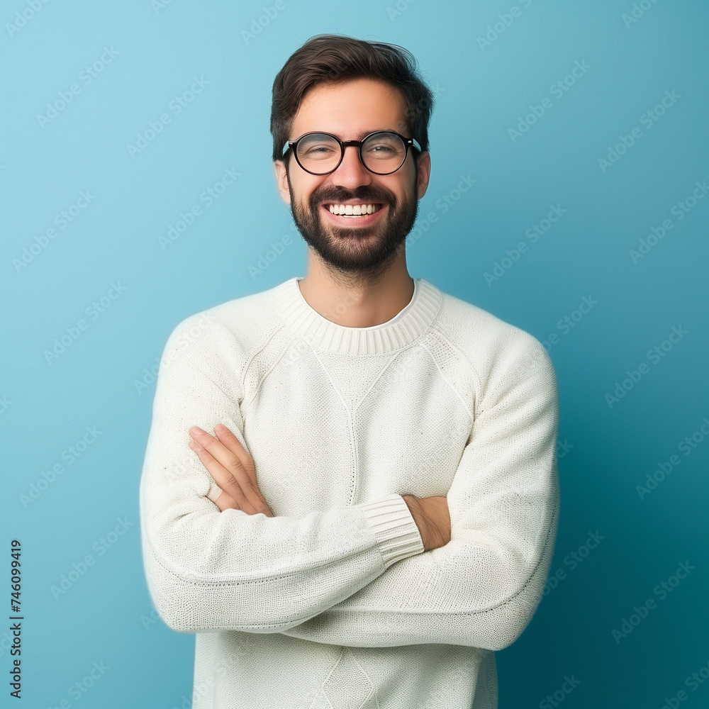 Young handsome man with beard wearing casual sweater and glasses over blue background happy face smiling with crossed arms looking at the camera. Positive person. Young handsome man with beard wearing casual sweater and glasses over blue background happy face smiling with crossed arms looking at the camera. Positive person.