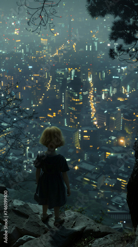 Little girl looking to the night city