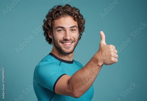 A man with curly hair in a teal shirt showing thumbs up. His friendly demeanor shines through.
