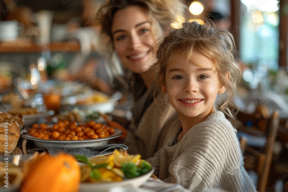 Faces are blurred in a family gathering with a focus on the table full of food, emphasizing togetherness