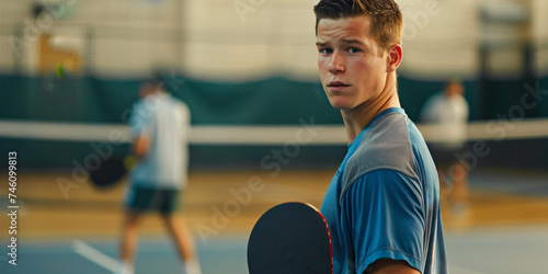 Focused Pickleball Player Holding Paddle on Outdoor Court at Sunset