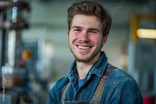 Portrait of a young man in overalls standing in a factoryPortrait of a young man in overalls standing in a factory