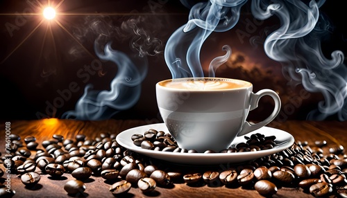 Generative AI. A cup of coffee on a table. The cup is white and has a saucer. There are coffee beans on the table. The background is a dark brown. There is a fire flame on the background.