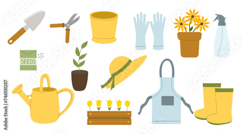 Gardening tools set. Equipment for home gardening. Vector set in flat style. Rubber boots, apron, hat, gloves, seedling, tulips, secateurs and watering can. 