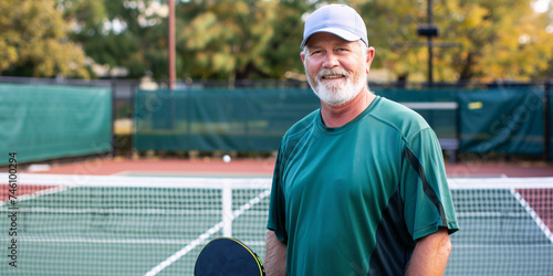 Photo of a old mature man holding a pickleball racquet on a pickleball court.