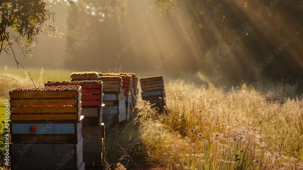 At the edge of a sun-drenched field, a cluster of beehives hums with activity, their industrious inhabitants vital to the pollination of nearby crops. - obrazy, fototapety, plakaty 
