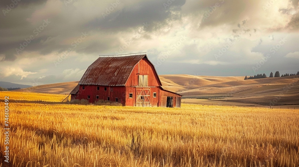 A picturesque barn stands amidst fields of golden wheat, its weathered timbers a testament to the enduring legacy of sustainable agriculture.