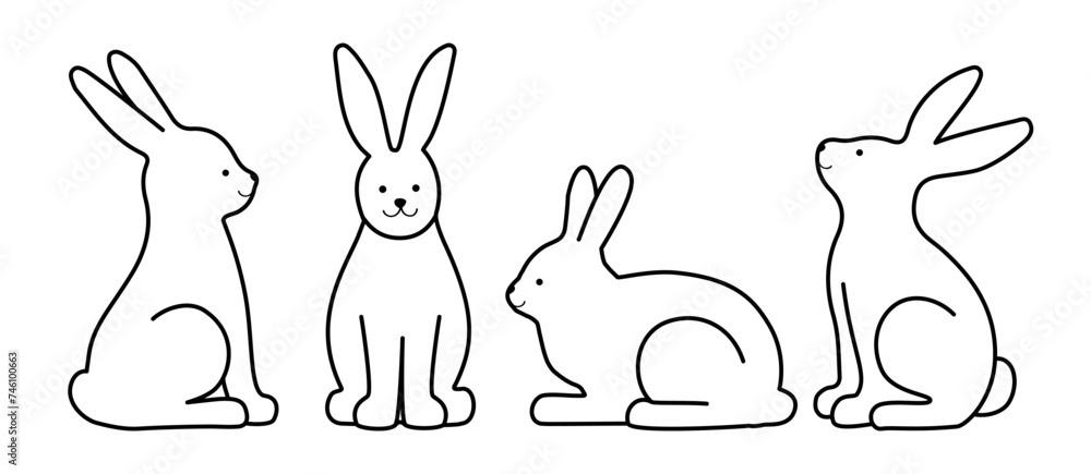 Countour line art of rabbits isolated on a white background. Line art ...
