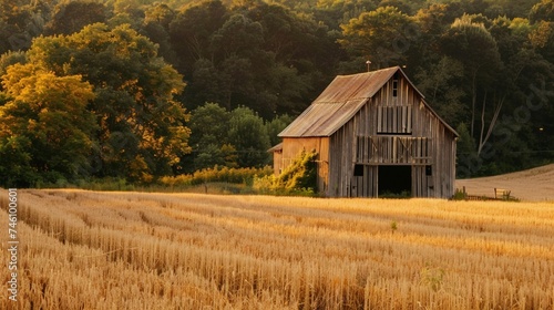 A picturesque barn stands amidst fields of golden wheat, its weathered timbers a testament to the enduring legacy of sustainable agriculture.