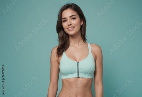 Relaxed young woman in a sporty bra stands casually, her demeanor is calm and approachable. Teal background complements her relaxed attitude.