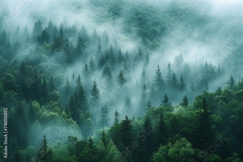 A serene, moody photo of a dense forest enveloped in morning fog, highlighting the beauty of nature