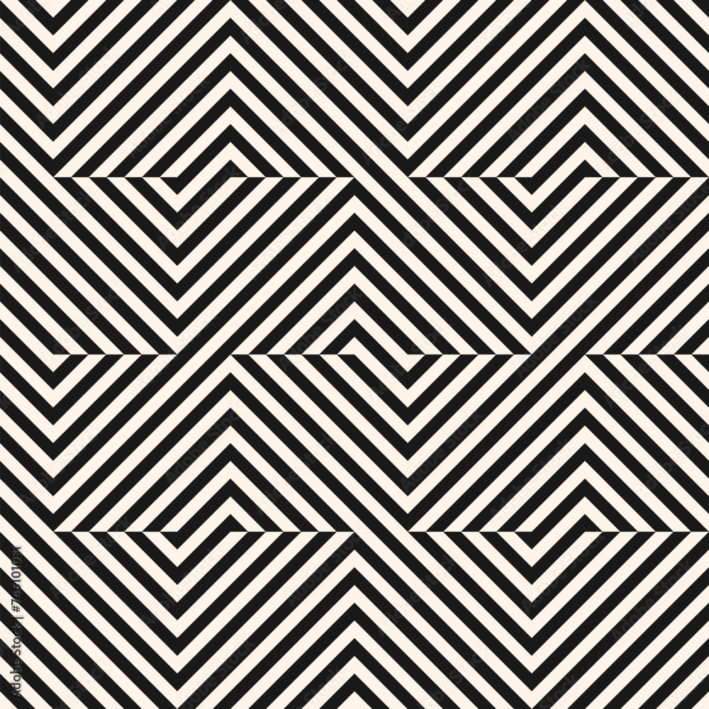 Optical illusion ornament. Vector black and white geometric pattern. Abstract seamless striped background. Simple geometrical texture with chevron, broken lines. Modern monochrome repeated geo design Optical illusion ornament. Vector black and white geometric pattern. Abstract seamless striped background. Simple geometrical texture with chevron, broken lines. Modern monochrome repeated geo design