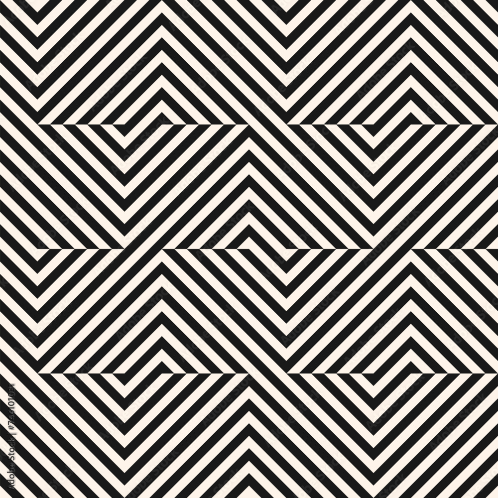 Optical illusion ornament. Vector black and white geometric pattern. Abstract seamless striped background. Simple geometrical texture with chevron, broken lines. Modern monochrome repeated geo design