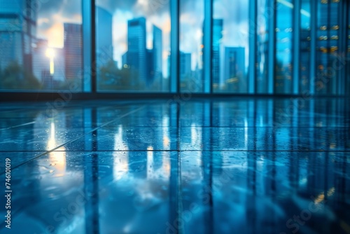 Shiny tiled floor reflecting city skyline with skyscrapers during a vibrant sunset