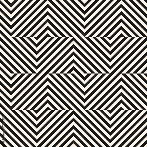 Optical illusion ornament. Vector black and white geometric pattern. Abstract seamless striped background. Simple geometrical texture with chevron, broken lines. Modern monochrome repeated geo design