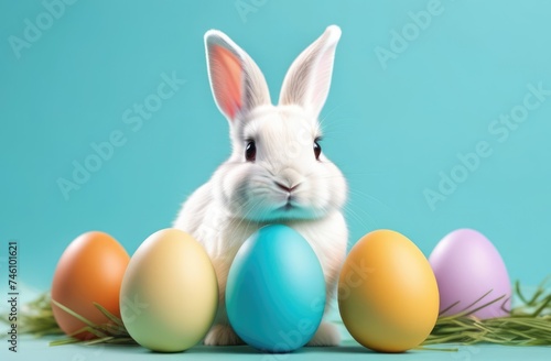 Easter banner with cute Easter bunny hatching from pastel color Easter egg on pastel color background. Illustration of Easter rabbit sitting in cracked eggshell. Happy Easter greeting card.Copy space.