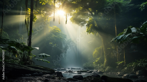 Forest jungle landscape with sun rays © Kokhanchikov