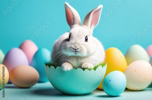 Easter banner with cute Easter bunny hatching from pastel color Easter egg on pastel color background. Illustration of Easter rabbit sitting in cracked eggshell. Happy Easter greeting card.Copy space. © Anzelika