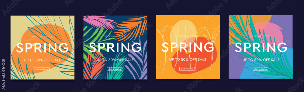 Set Spring Graphic Leaf for Advertising, Web, Social Media, Poster, Banner, Cover: Background Patterns Line Silhouette for Mother's Day. Season Discount Offer 50%. Vector Illustration