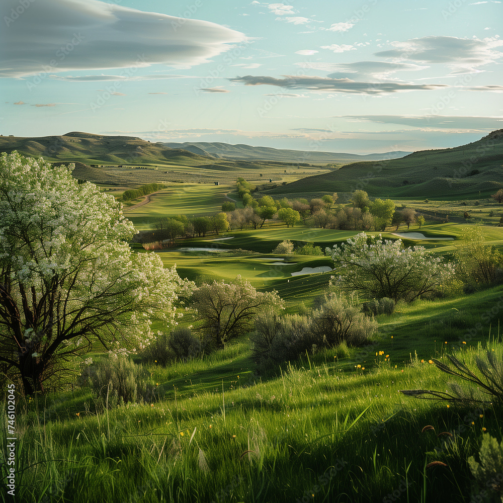 Serene Spring Golf Course Landscape at Sunset