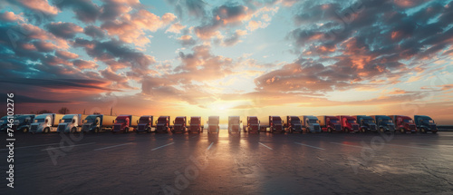Dramatic sunset sky above a fleet of parked semi-trucks lined up on an open lot.