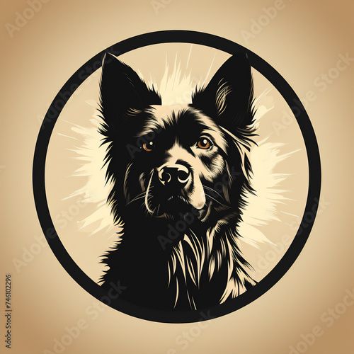 Black silhouette of a dog looking into the distance portrait on a light background in a circle, emblem illustration