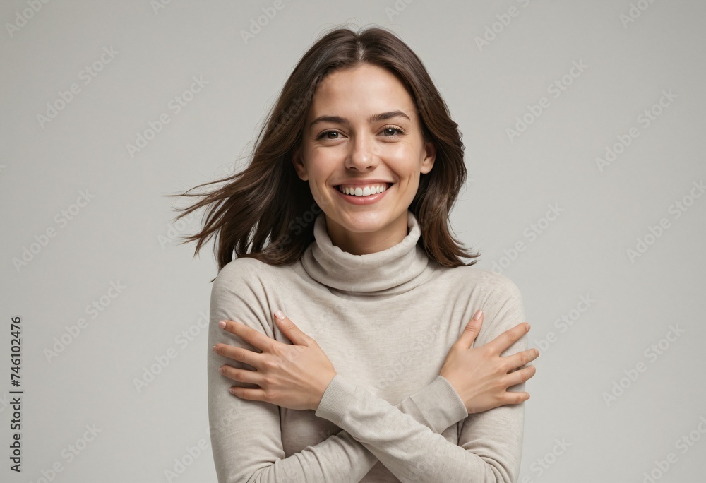 Elegant Woman in Turtleneck with Joyful Expression and Copyspace Elegant Woman in Turtleneck with Joyful Expression and Copyspace